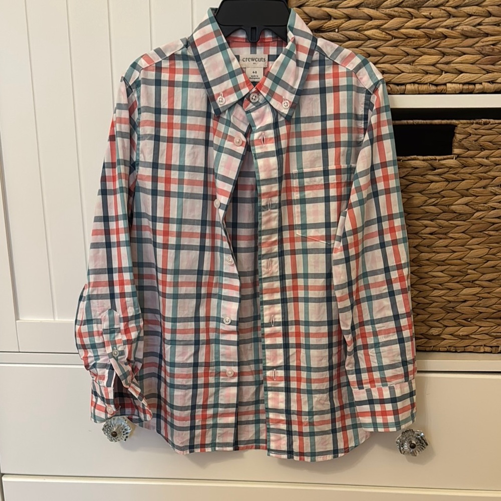 Crewcuts Boys' Plaid Button-Down Shirt - White with Red & Teal sz 4-5